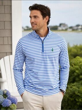 Turtleson Men’s Striped Quarter Zip Pullover L Preppy Golf Athleisure Coastal